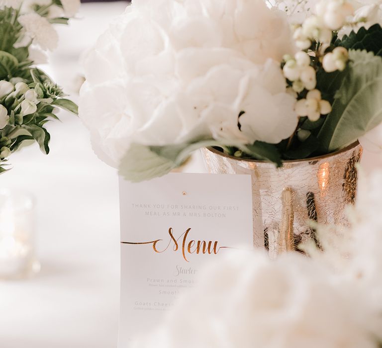 Copper Foil Menu Cards | Elegant Black Tie Wedding with White Flowers at The Cleveland Tontine, North Yorkshire | Georgina Harrison Photography