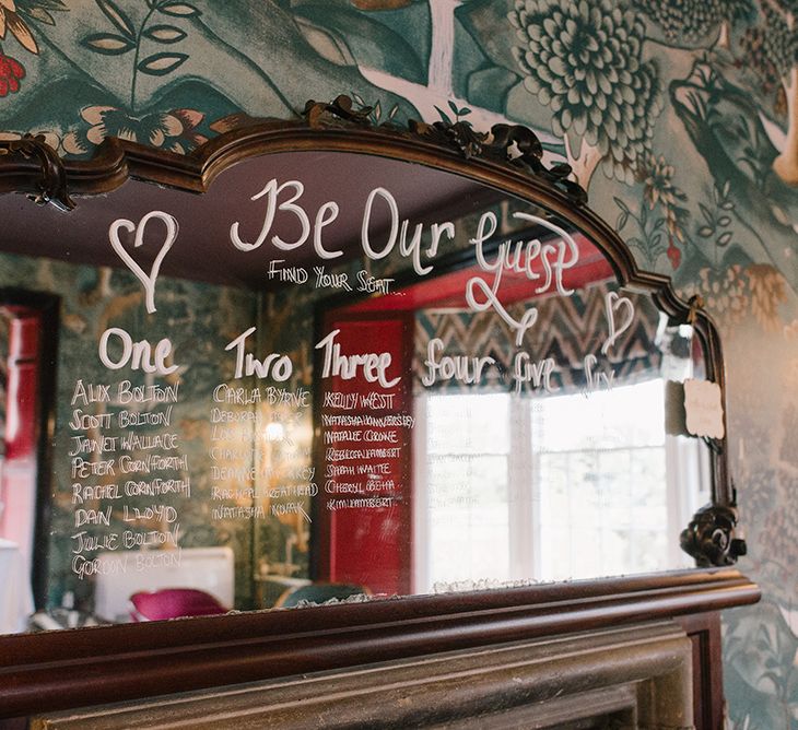 Mirror Table Plan | Elegant Black Tie Wedding with White Flowers at The Cleveland Tontine, North Yorkshire | Georgina Harrison Photography