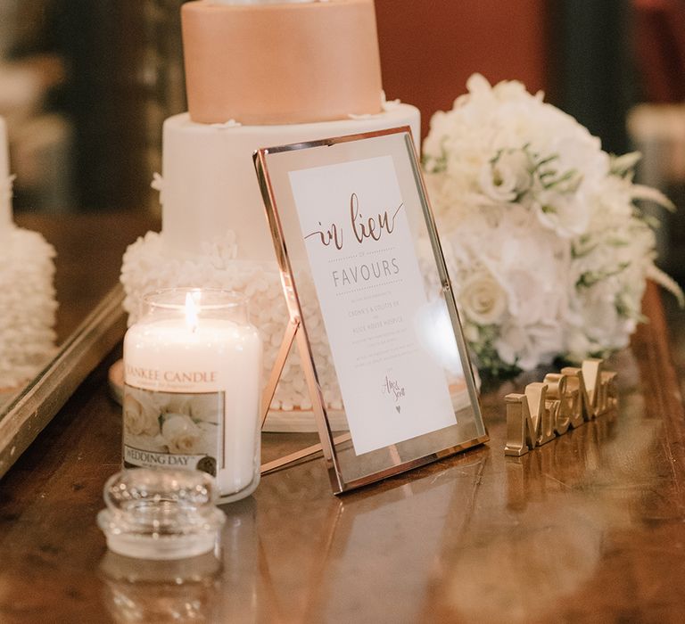 White Ice Wedding Cake with Copper Layer | Elegant Black Tie Wedding with White Flowers at The Cleveland Tontine, North Yorkshire | Georgina Harrison Photography