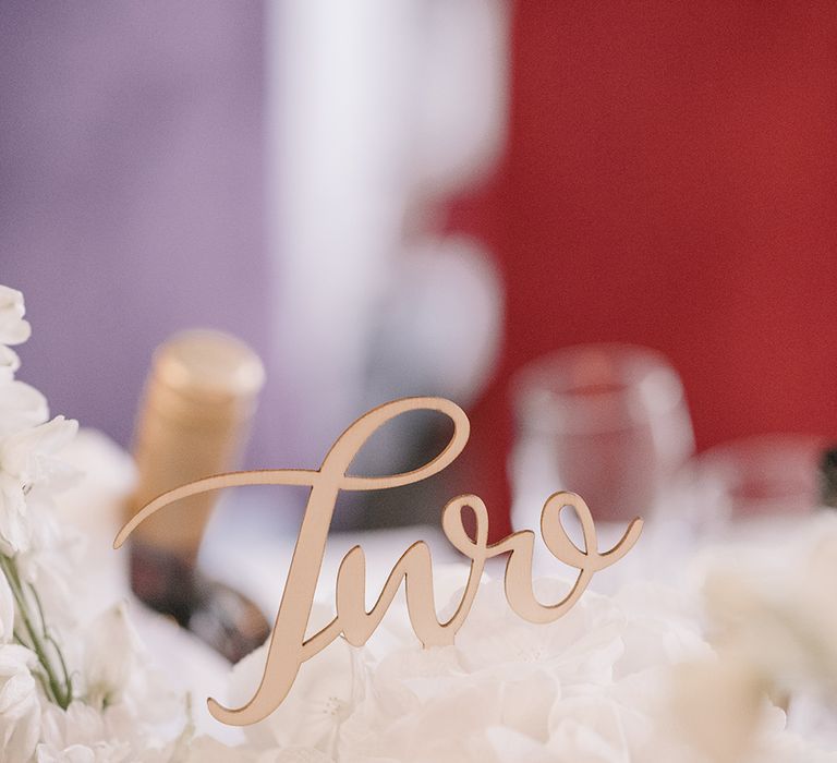 Wooden Lasercut Table Number | Elegant Black Tie Wedding with White Flowers at The Cleveland Tontine, North Yorkshire | Georgina Harrison Photography