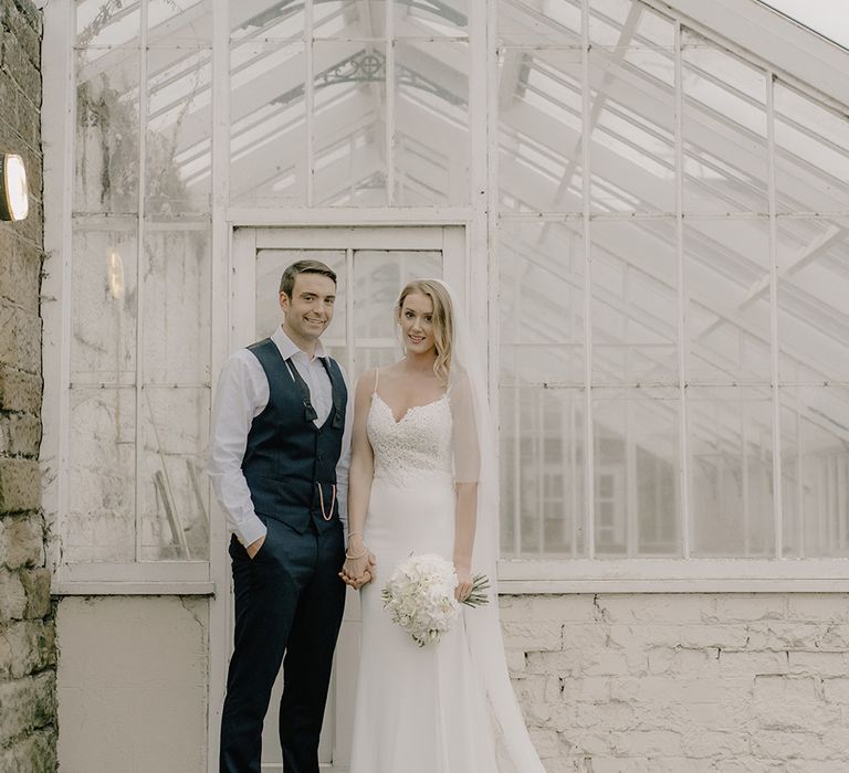 Bride in Enzoani Juri Bridal Gown | Groom in Black Tie | Elegant Black Tie Wedding with White Flowers at The Cleveland Tontine, North Yorkshire | Georgina Harrison Photography