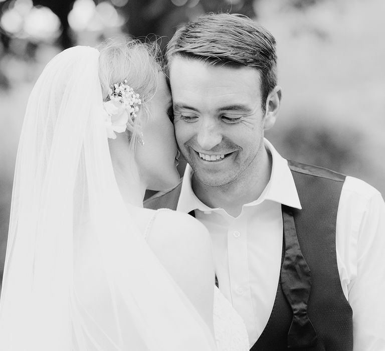 Bride in Enzoani Juri Bridal Gown | Groom in Black Tie | Elegant Black Tie Wedding with White Flowers at The Cleveland Tontine, North Yorkshire | Georgina Harrison Photography