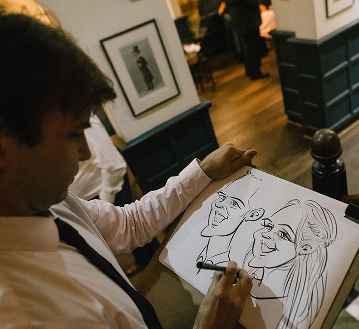 Caricaturist | Elegant Black Tie Wedding with White Flowers at The Cleveland Tontine, North Yorkshire | Georgina Harrison Photography