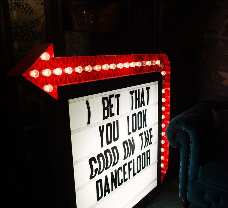 I Bet You Look Good on The Dance Floor Giant Light Box | Elegant Black Tie Wedding with White Flowers at The Cleveland Tontine, North Yorkshire | Georgina Harrison Photography