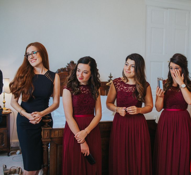 Bridesmaids In Merlot Coloured Dresses