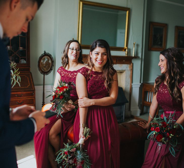 Bridesmaids In Merlot Coloured Dresses