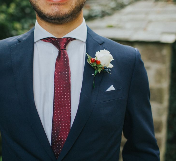 Groom In Navy With Red Tie