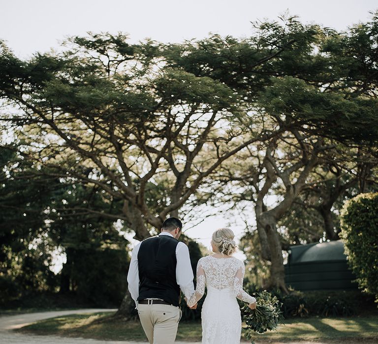 Bride in Lace Dress | Groom in Tweed Waistcoat & Chino's | Sophisticated White & Green Colour Scheme for an Outdoor Australian Wedding at Summer Grove | Photography & Film by Mad Rose Films