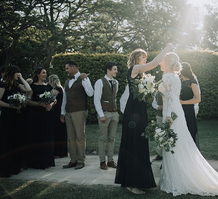 Bride in Lace Dress | Groom in Tweed Waistcoat & Chino's | Sophisticated White & Green Colour Scheme for an Outdoor Australian Wedding at Summer Grove | Photography & Film by Mad Rose Films