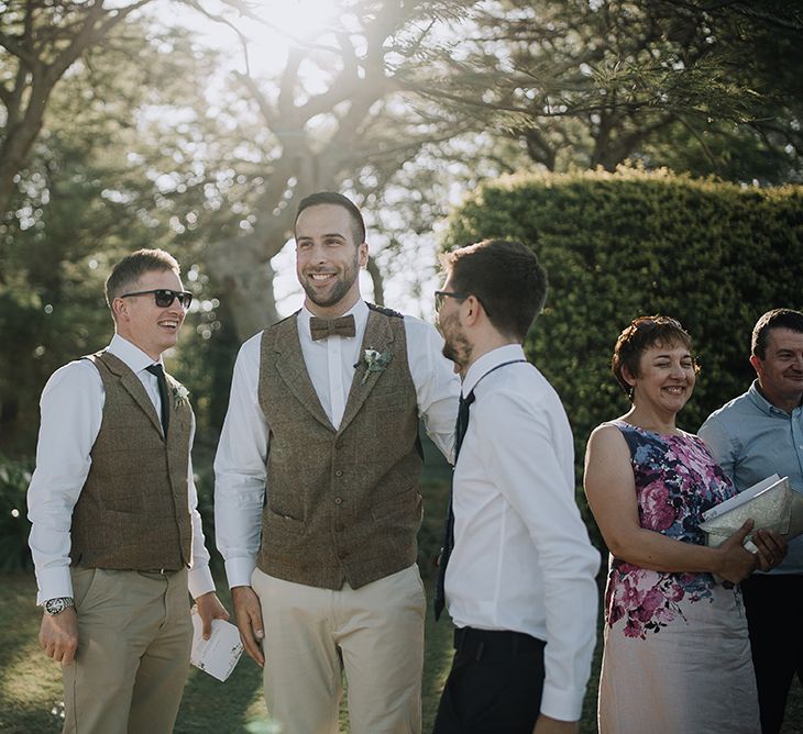 Groomsmen in Tweed Waistcoats & Chino's | Sophisticated White & Green Colour Scheme for an Outdoor Australian Wedding at Summer Grove | Photography & Film by Mad Rose Films