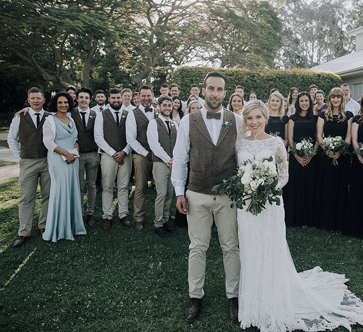 Bride in Lace Dress | Groom in Tweed Waistcoat & Chino's | Sophisticated White & Green Colour Scheme for an Outdoor Australian Wedding at Summer Grove | Photography & Film by Mad Rose Films