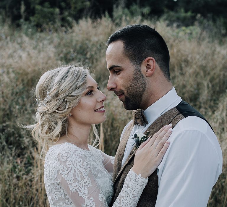 Bride in Lace Dress & Groom in Tweed Waistcoat | Sophisticated White & Green Colour Scheme for an Outdoor Australian Wedding at Summer Grove | Photography & Film by Mad Rose Films