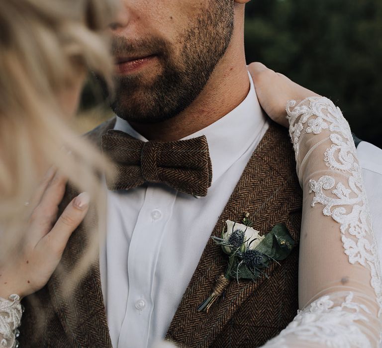 Bride in Lace Dress & Groom in Tweed Waistcoat | Sophisticated White & Green Colour Scheme for an Outdoor Australian Wedding at Summer Grove | Photography & Film by Mad Rose Films