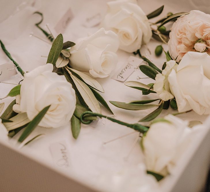 White Rose Buttonholes | White and Silver English Country Garden At Home Marquee Wedding | Jason Mark Harris Photography