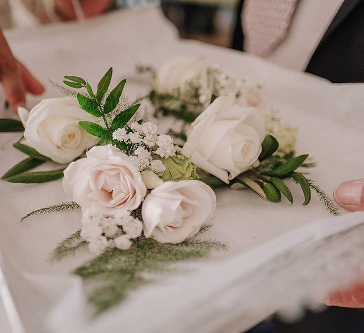 White Rose Buttonholes | White and Silver English Country Garden At Home Marquee Wedding | Jason Mark Harris Photography