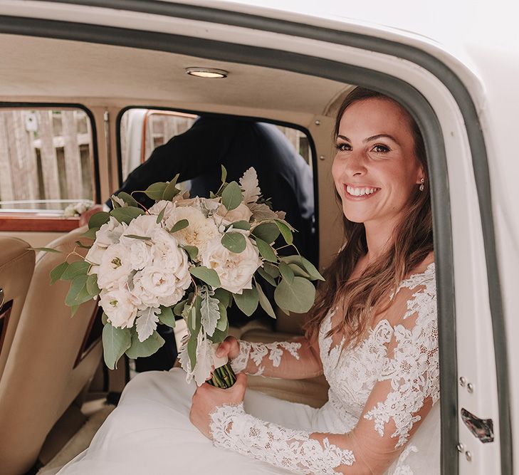 Bridal Entrance in Lace Pronovias Wedding Dress | White and Silver English Country Garden At Home Marquee Wedding | Jason Mark Harris Photography