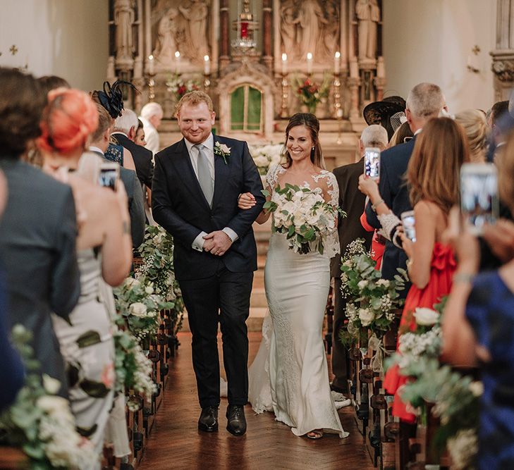 Church Wedding Ceremony | Bride in Lace Pronovias Bridal Gown | Groom in Thom Sweeney Suit | White and Silver English Country Garden At Home Marquee Wedding | Jason Mark Harris Photography