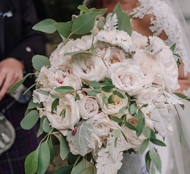 White Rose Wedding Bouquet | White and Silver English Country Garden At Home Marquee Wedding | Jason Mark Harris Photography