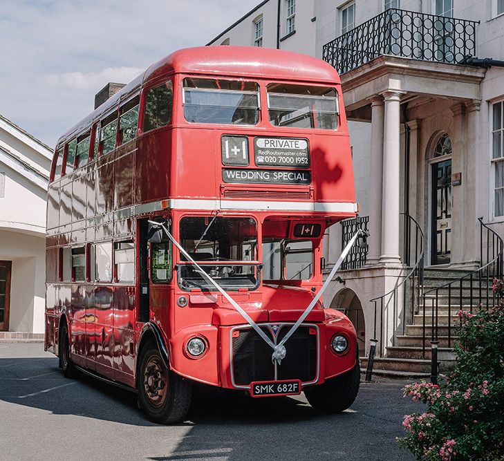 Red Routemaster Bus | White and Silver English Country Garden At Home Marquee Wedding | Jason Mark Harris Photography