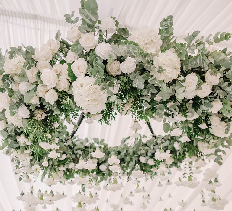 Hanging Greenery & White Flower Chandelier | White and Silver English Country Garden At Home Marquee Wedding | Jason Mark Harris Photography