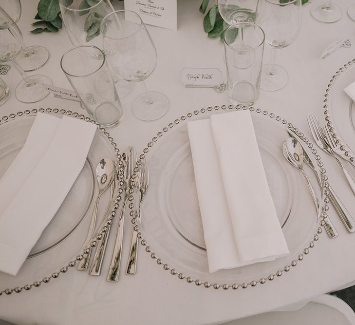 Glass & Silver Platter Place Setting | White and Silver English Country Garden At Home Marquee Wedding | Jason Mark Harris Photography