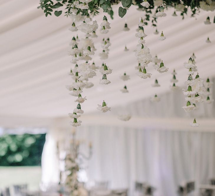 Hanging Carnation Flower Heads | White and Silver English Country Garden At Home Marquee Wedding | Jason Mark Harris Photography