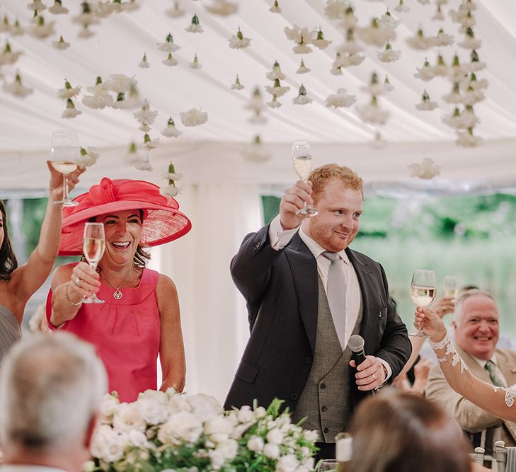 Speeches | Groom in Thom Sweeney Suit | White and Silver English Country Garden At Home Marquee Wedding | Jason Mark Harris Photography