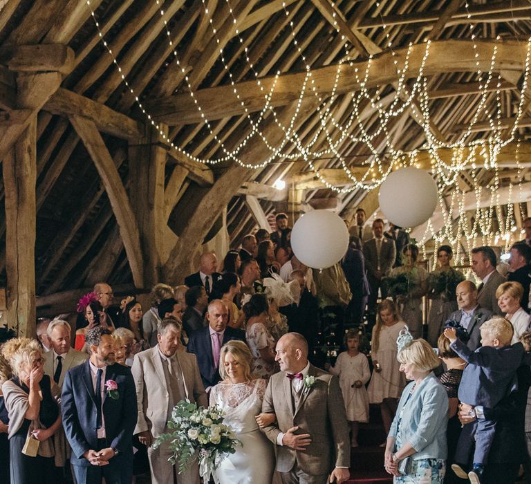 DIY Barn Wedding With Fairy Lights At The Great Barn Titchfield With Bride In Rolling In Roses Dress & Images From Joasis Photography