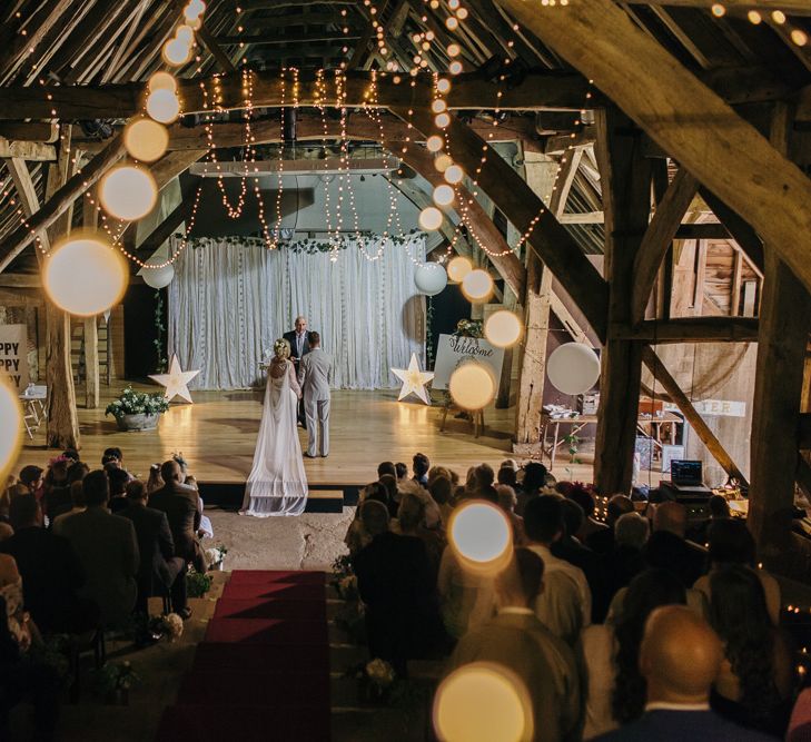 DIY Barn Wedding With Fairy Lights At The Great Barn Titchfield With Bride In Rolling In Roses Dress & Images From Joasis Photography