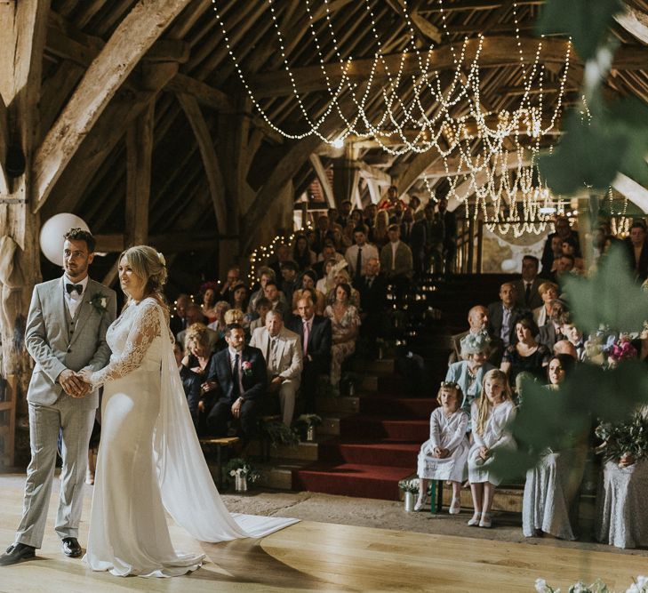 DIY Barn Wedding With Fairy Lights At The Great Barn Titchfield With Bride In Rolling In Roses Dress & Images From Joasis Photography