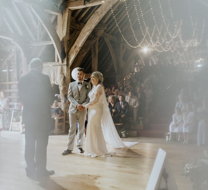 DIY Barn Wedding With Fairy Lights At The Great Barn Titchfield With Bride In Rolling In Roses Dress & Images From Joasis Photography