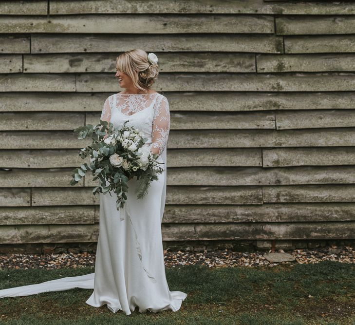 DIY Barn Wedding With Fairy Lights At The Great Barn Titchfield With Bride In Rolling In Roses Dress & Images From Joasis Photography