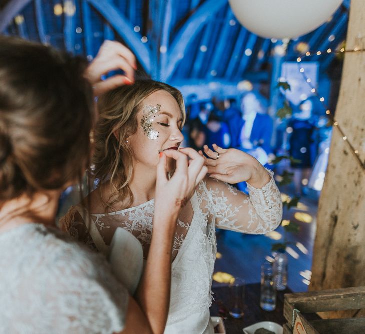 DIY Barn Wedding With Fairy Lights At The Great Barn Titchfield With Bride In Rolling In Roses Dress & Images From Joasis Photography