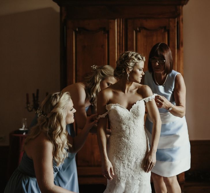 Bride in Stella York Gown | Bridesmaids in Blue Dessy Dresses | Outdoor Destination Wedding at Château de Saint Martory in France Planned by Senses Events | Danelle Bohane Photography | Matthias Guerin Films