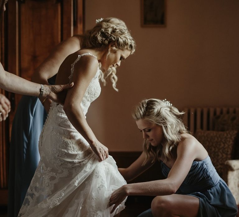 Bride in Stella York Gown | Bridesmaids in Blue Dessy Dresses | Outdoor Destination Wedding at Château de Saint Martory in France Planned by Senses Events | Danelle Bohane Photography | Matthias Guerin Films