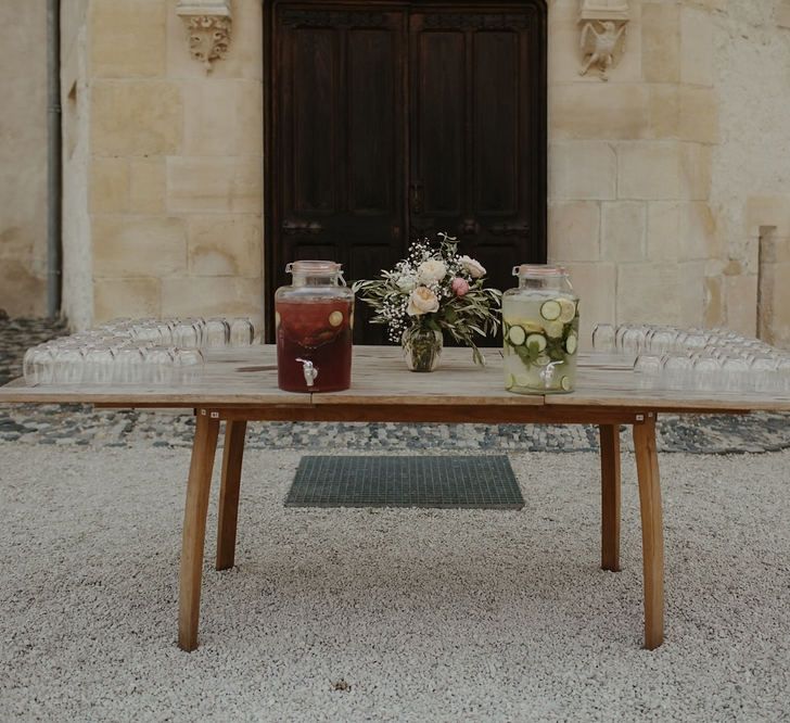 Drinks Reception | Dispensers | Outdoor Destination Wedding at Château de Saint Martory in France Planned by Senses Events | Danelle Bohane Photography | Matthias Guerin Films