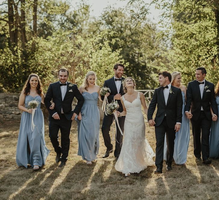 Wedding Party | Bride in Stella York Gown | Bridesmaids in Blue Dessy Dresses | Groomsmen in Black Tie | Outdoor Destination Wedding at Château de Saint Martory in France Planned by Senses Events | Danelle Bohane Photography | Matthias Guerin Films