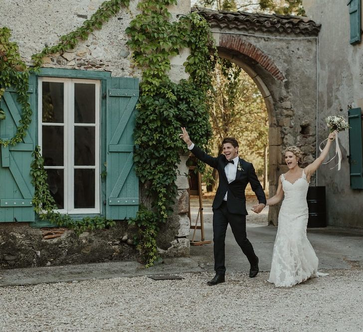 Bride in Lace Stella York Dress | Groom in Black Tie | Outdoor Destination Wedding at Château de Saint Martory in France Planned by Senses Events | Danelle Bohane Photography | Matthias Guerin Films