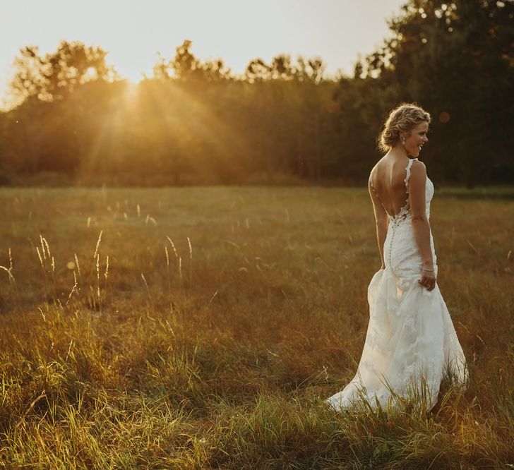 Golden Hour | Bride in Lace Stella York Dress | Outdoor Destination Wedding at Château de Saint Martory in France Planned by Senses Events | Danelle Bohane Photography | Matthias Guerin Films