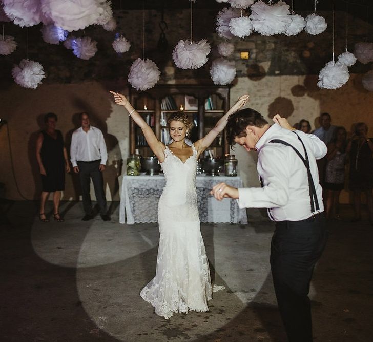 First Dance | Bride in Lace Stella York Dress | Groom in Black Tie | Outdoor Destination Wedding at Château de Saint Martory in France Planned by Senses Events | Danelle Bohane Photography | Matthias Guerin Films