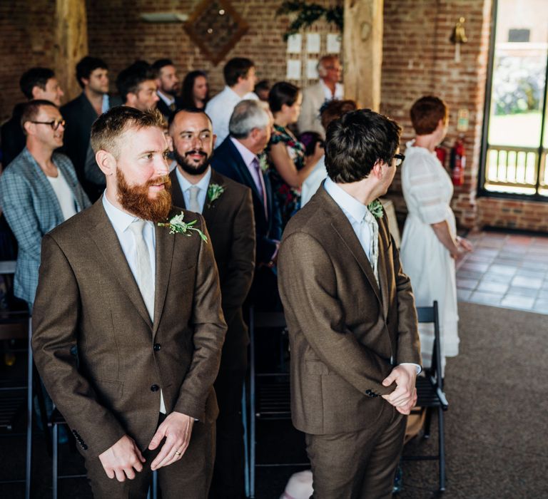 Groomsmen in Brown Next Suit | Bohemian Wedding at Woodfarm Barn, Suffolk | The Steed Photography