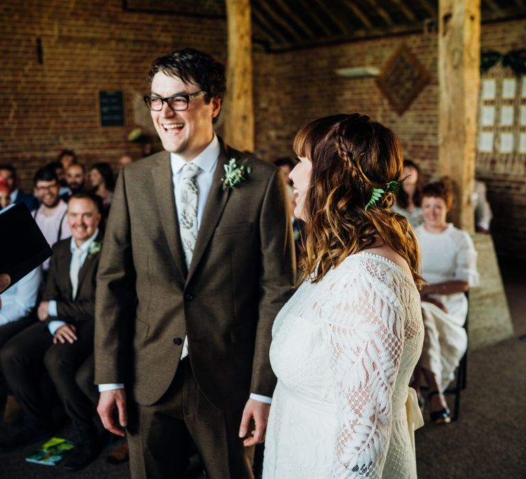 Wedding Ceremony | Bride in Lucy Can't Dance Jungle Fever Bridal Gown | Groom in Brown Next Suit | Bohemian Wedding at Woodfarm Barn, Suffolk | The Steed Photography