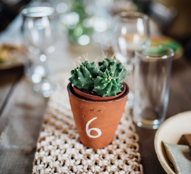 Succulent Plant Pot Table Number & Macrame Table Runner Wedding Decor | Bohemian Wedding at Woodfarm Barn, Suffolk | The Steed Photography