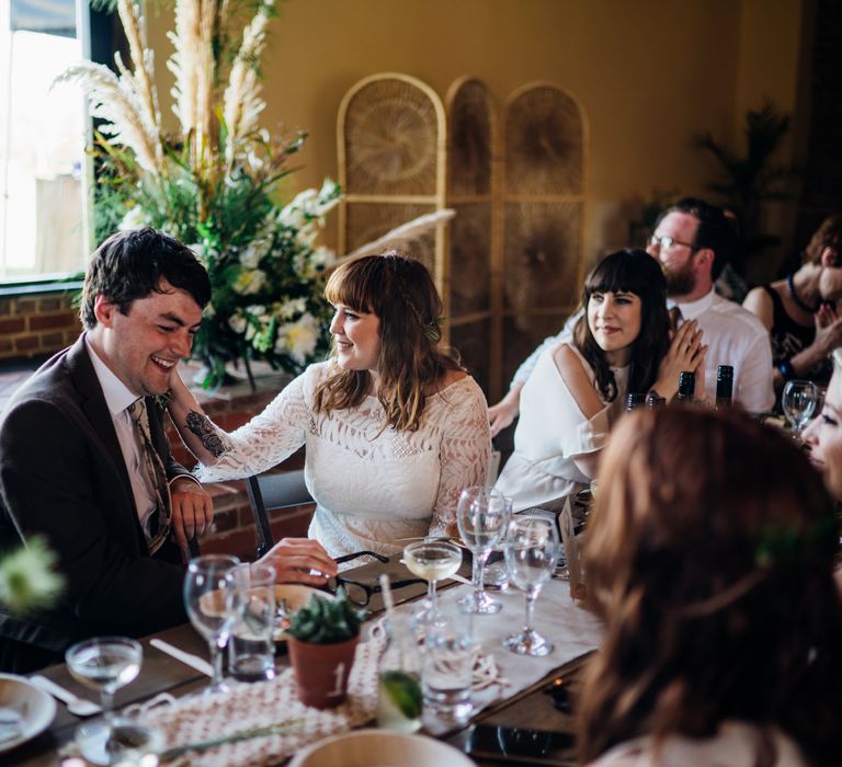 Wedding Reception | Bride in Lucy Can't Dance Jungle Fever Bridal Gown | Groom in Brown Next Suit | Bohemian Wedding at Woodfarm Barn, Suffolk | The Steed Photography