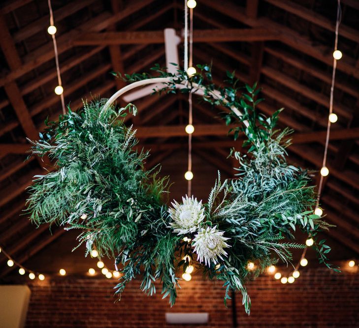 Greenery Hoop Wedding Decor | Bohemian Wedding at Woodfarm Barn, Suffolk | The Steed Photography