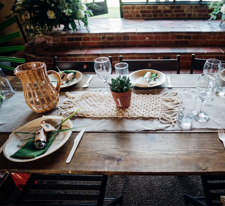 Table Setting with Macrame & Succulents Decor | Bohemian Wedding at Woodfarm Barn, Suffolk | The Steed Photography