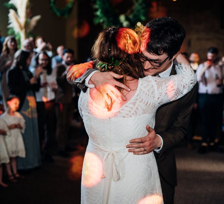 First Dance | Bride in Lucy Can't Dance Jungle Fever Bridal Gown | Groom in Brown Next Suit | Bohemian Wedding at Woodfarm Barn, Suffolk | The Steed Photography