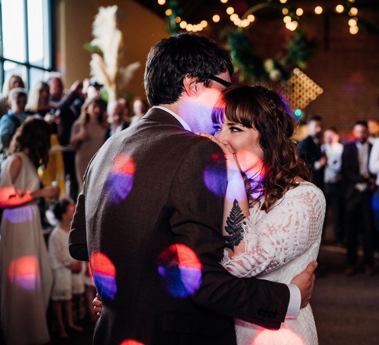 First Dance | Bride in Lucy Can't Dance Jungle Fever Bridal Gown | Groom in Brown Next Suit | Bohemian Wedding at Woodfarm Barn, Suffolk | The Steed Photography