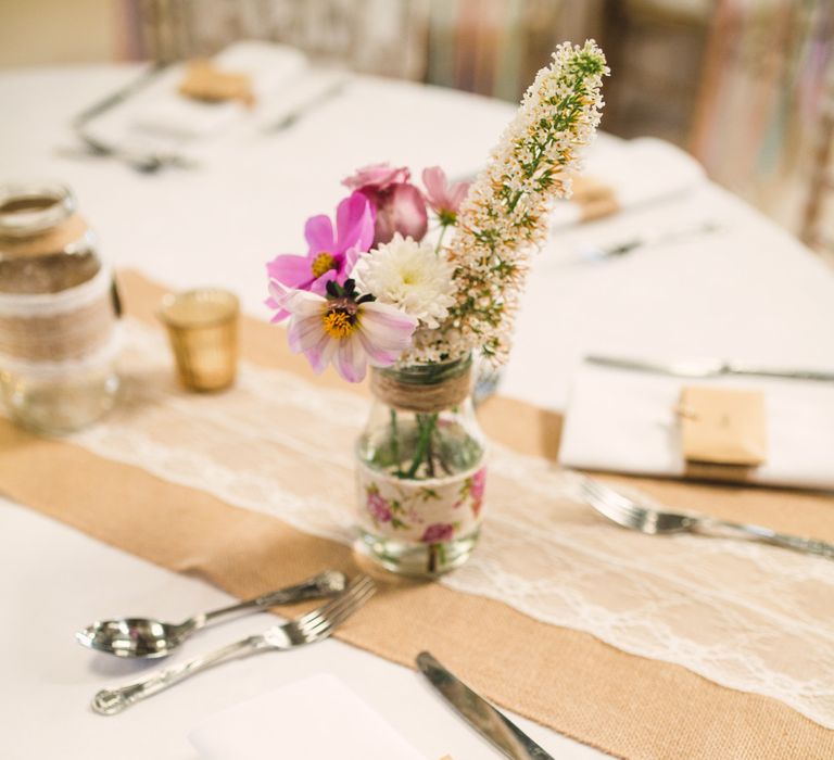 Hessian and Lace Table Runner & Jars with Flower Stems