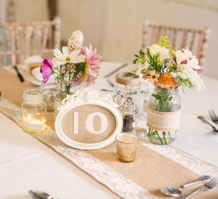 Hessian Table Runner & Jars with Flowers Centrepiece